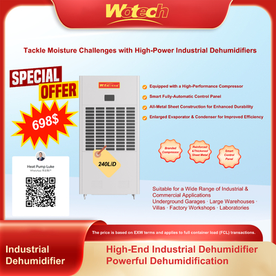 Oferta especial limitada para desumidificador industrial de 240L / dia para espaços grandes baixo ruído dreno contínuo para fábrica / laboratório sala